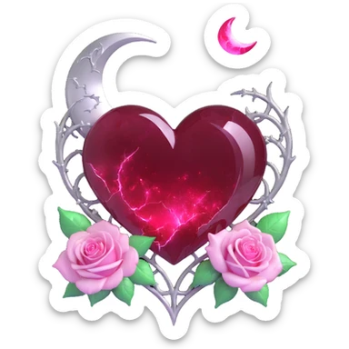 gothic heart made of ruby red glass, silver crescent moon, white roses, holographic stardust, neon pink lightning, drenched and splintered glass sticker