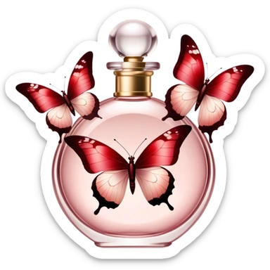 A luxurious glass perfume bottle in Soft Blush, reflecting soft light, as Crimson and Burgundy butterflies dance around it, creating an enchanting and ethereal atmosphere. sticker