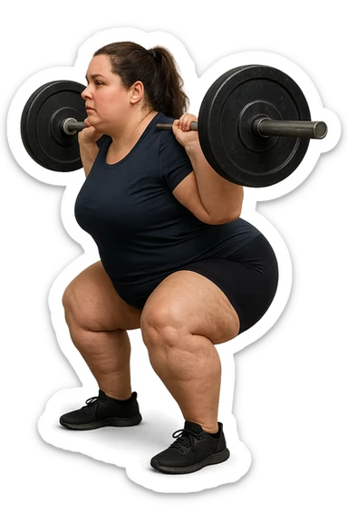 donna leggermente in sovrappeso con lipedema alle gambe che fa uno squat di profilo con bilanciere, IPERREALISTICA 4K sticker