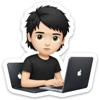 generate a pretty fair bratz boy with a messy mullet (black hair), wearing a black tshirt. Using his laptop sticker