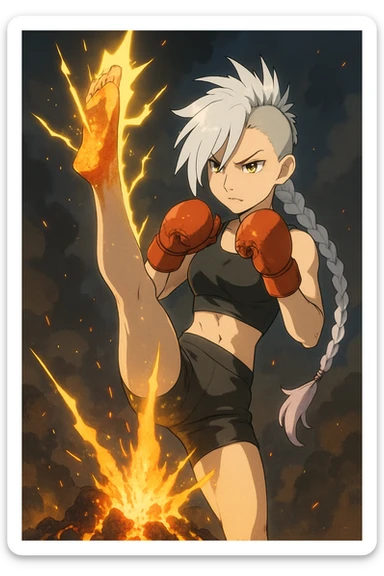maiden, mohawk, long braid white hair with lavender and tips long messy bangs one side, gold yellow eyes, black crop top, with both fighting gloves up in defensive ready pose, delivering a lightning quick vertical upwards front kick with volcanic force sticker