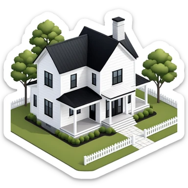 isometric exterior modern farmhouse, 3d realistic, white with black trim sticker