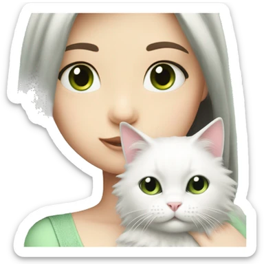 girl with pale skin, very long dark black hair and green eyes and light pink outfit hugging a white fluffy scottish cat sticker