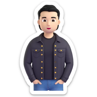 3D emoji style Microsoft, young man with black hair, wearing black t-shirt and black denim jacket, based on photo reference, neutral facial expression sticker