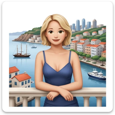 jennifer lawrence, closeup portrait , leaning on a balcony with a harbor and cityscape in the background, smiling sticker