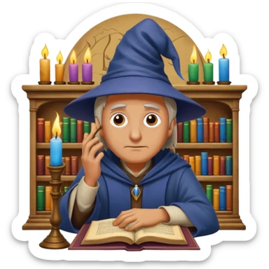 "Thinking face emoji 🤔 as a thoughtful wizard in Hogwarts library, scratching head with quill, surrounded by floating books and candles, detailed digital art in Harry Potter style, puzzled expression, magical atmosphere."
 sticker