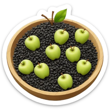 small scattered heap of tiny matte black seeds with irregular triangular shapes and slightly rough texture, loose organic pile with a few seeds dispersed around the base, no bowl or extras, apple emoji style, soft lighting, subtle shadows, transparent background, emoji scale sticker