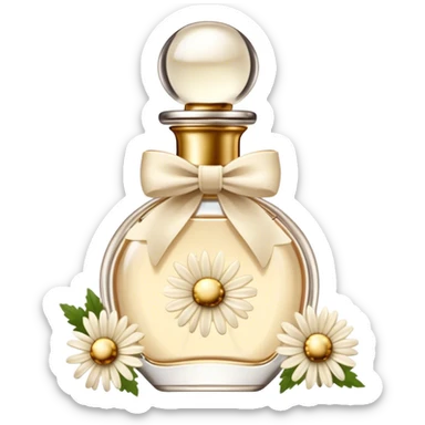 Beige vintage-style perfume bottle and ivory-colored daisies and gold bow sticker