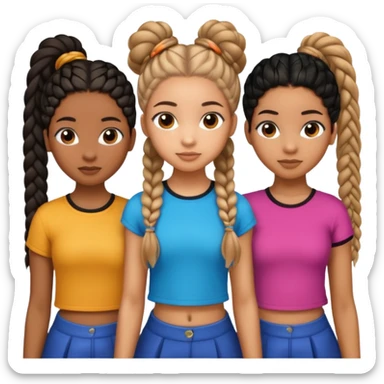 3 black teenage girls. One with shoulder length long curly hair and a little light skinned. One with Carmel skin with two long straight ponytails. One a little darker with 6 straight back braids going into buns in the back sticker