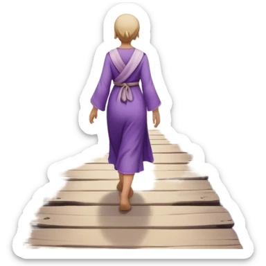 A small figure walks back broken bridge, holding soft 2 violet orbs in hand—symbolizing compassion and forgiveness. A gentle heart aura trails behind them, showing healing in motion. sticker