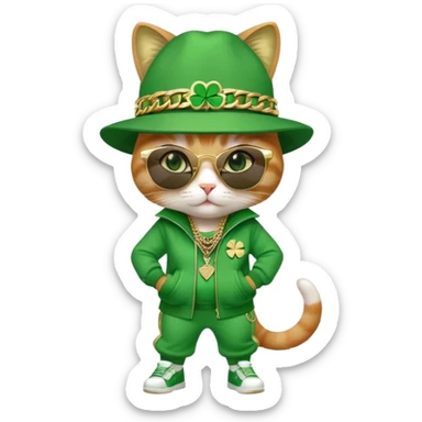 female cat in hip-hop Run DMC outfit, green tracksuit, fedora with shamrock, dark sunglasses, gold chains, bling accessories, St. Patrick's Day theme sticker