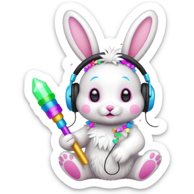 cute rave bunny wearing headphones, holding a glow wand, surrounded by confetti, festive mood sticker