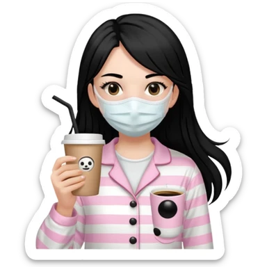 chica de pelo lacio color negro cabellera larga piyama blanca con rayas rosa claras peo no tan claras no oscuras el bordado es negro al igual que los botones )tiene una mascarilla para la carablanca y sostiene y cafe con bolitas nedras al dondo con unsorbete tranparente y es de test blanca  sticker