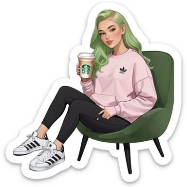 Girl long bright blonde hair middle part with rosy cheeks and plump mauve lips and green colored eyes wearing a white colored sweatshirt and black leggings, adidas OG Samba sneakers sitting in a large pink chair holding a latte sticker