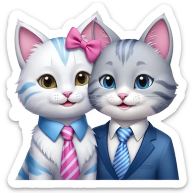 happy girl cat with bow and eyelashes wearing a bright necktie next to happy boy cat wearing a striped necktie, both cats smiling together sticker