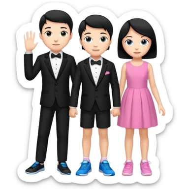 generate a pretty bratz fair skinned boy with short black hair wearing a black tux with blue sneakers with a girl in a pink dress sticker