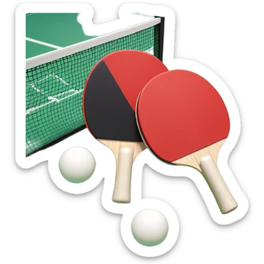 Two table tennis paddles and a ball placed on a ping pong table, with the net in the background. The scene conveys the simplicity and focus of the sport, with vibrant colors highlighting the rackets and ball on the smooth surface of the table. sticker