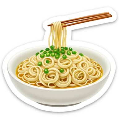 Shanghai Scallion Oil Noodles with green onion topping, simplified emoji style with bold outlines and bright colors, cartoon style simple Cong You Ban Mian sticker