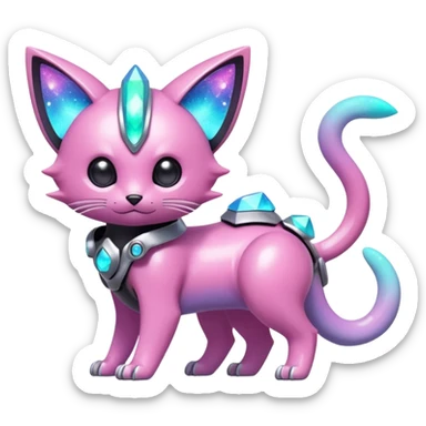 Mechanical Sparkly Glittery Nebulae Beautiful Gorgeous Pretty Pastel Hot Exotic Lush Warm Cute Adorable Colorful Shiny Iridescent Futuristic Modern Cybernetic Scarameow-Protogen-Vernid-Fakémon-Pokémon-creature-fusion (full body) sticker