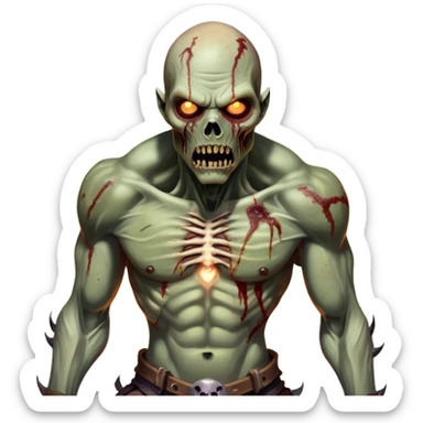 Cinematic Realistic WoW undead friendly zombie Portrait, captured in a fierce, battle-ready stance, muscles taut beneath his tattered, earth-toned attire. His decayed, pallid skin and glowing eyes are rendered with intense lifelike detail and dynamic lighting, high shine, embodying the raw, relentless fury of an undead friendly zombie in the heat of combat. sticker