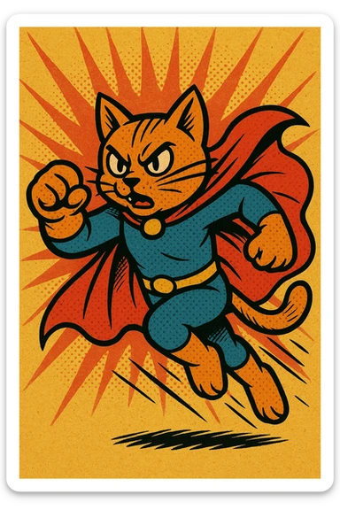 a superhero cat in action pose, old school comic book style sticker