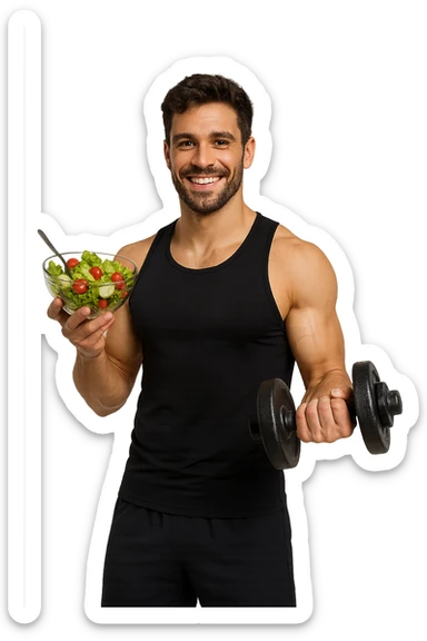 uomo fitness che fa ha un insalata nella mano destra e un manubrio da palestra nella mano sinistra sticker