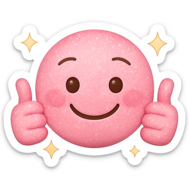 Make the pink smiley face with sparkling effect and two thumbs up look less creepy, add a warm, joyful smile and gentle eyes. Keep the sparkles and pink color. No background. The style is a pink sparkly emoji with sparkles and thumbs up. sticker