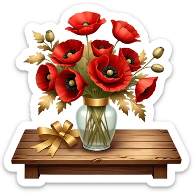 A lush bouquet of deep red poppies tied with a faded gold ribbon, resting on an antique wooden table. Warm brown leaves and golden sunlight add a vintage charm. sticker
