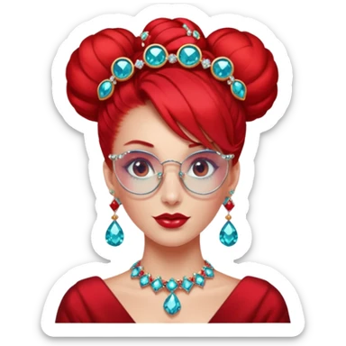 gem lover woman with gem accessories excessive amount gem glassess very big gem earrings red bun hair and red diamonds sticker