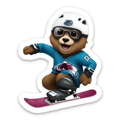 Bear on a snowboard in Colorado avalanche jersey doing hardcore tricks wearing helmet and goggles sticker