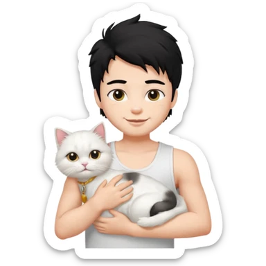 a pretty bratz boy with black hair and white sleeveless tank with a white persian cat smiling sticker