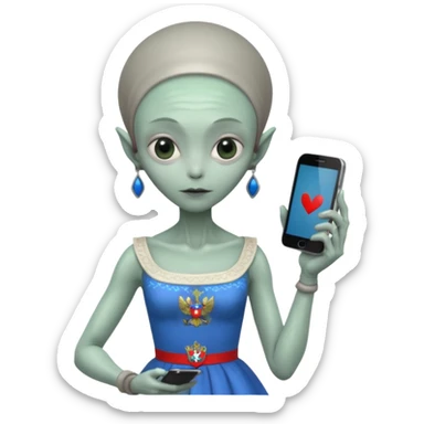 alien with russia custome dress and smartphone sticker