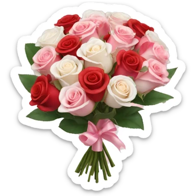 Round bouquet of red, light pink, and white roses with pink wrapping sticker