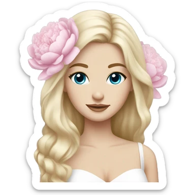 White bride with long light blonde hair and blue eyes with light pink peonies in hair white skin  sticker
