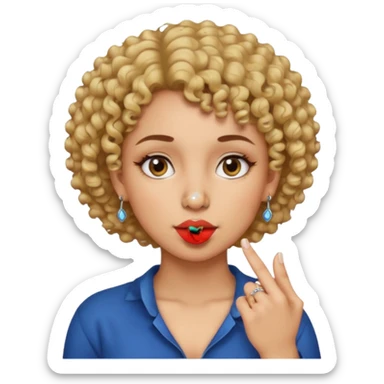 faça uma mulher com o cabelo curtinho cacheado com piercing no nariz e brincos e o dedo indicador no canto da boca sticker
