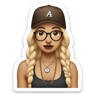 Girl with blonde hair with dark brown at the ends. She also has double nostril piercings, a septum ring, and a Medusa piercing, hazel eyes and big framed glasses. Hair is in braids with  a backwards baseball hat sticker