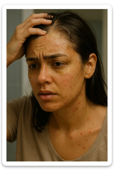 A highly realistic, cinematic close-up portrait of a young woman in her late 20s with medium skin tone, displaying visible folliculitis and seborrheic dermatitis. Small, red, inflamed follicular papules and pustules are scattered along her hairline, jawline, and upper neck, indicating folliculitis. Her scalp and areas around the nose and eyebrows show flaky, greasy yellowish scales, with redness and irritation, indicating seborrheic dermatitis. Her hair appears slightly greasy and clumps near the scalp, emphasizing excess sebum production. She gently touches her irritated scalp with concern while looking at herself in a softly lit bathroom mirror, expressing discomfort and frustration. The environment is neutral and clean, with daylight softly illuminating the scene to highlight the skin and scalp texture. The style is 35mm hyperrealistic, with warm neutral tones and shallow depth of field to maintain focus on her skin, inflammation, and emotional expression, visually explaining the physical discomfort and aesthetic concerns of living with folliculitis and seborrheic dermatitis sticker