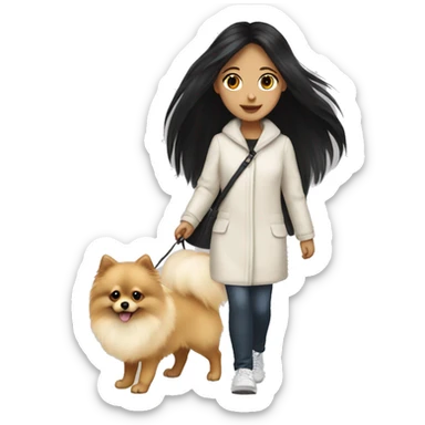 pale girl with long black hair walking with pomeranian sticker