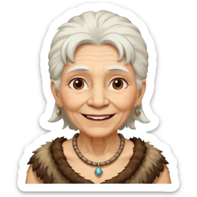 smiling old woman Neanderthal with white hair, fur dress, and necklace sticker