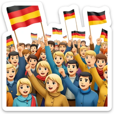 West German protest scene with people holding colorful protest signs, BRD flag, lively mood, 1960s sticker