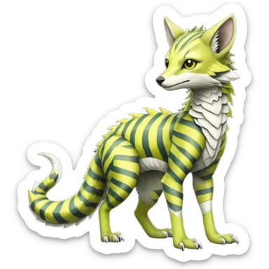  cool handsome gorgeous realistic zig-zag-patterned striking yellowish-pastel-lime-green-white-gradiented with dark undertones, white underside, thunderous stormy edgy badass realistic Vernid-Sergal-Genet-Trico-species by LiLaiRa, full body sticker