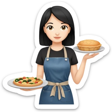 waitress with black hair and a food plate with a black tshirt and ª jeans apron. with a bigger plate and the plate with a cover  sticker