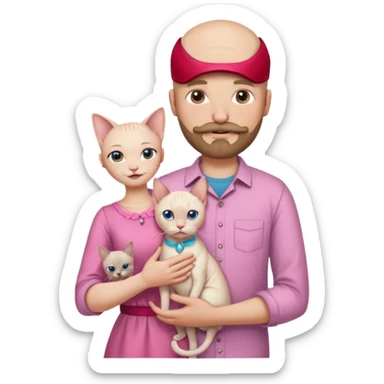 A bald white man in a shirt with a moustache and beard is holding a Siamese cat in his arms. Next to him stands a woman with light hair in a pink dress, holding a white Sphynx cat in her arms sticker