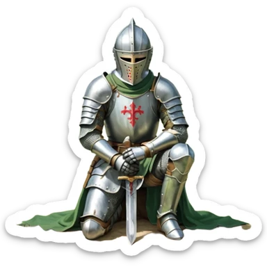 A lone medieval knight in a green worn armor kneels. His helmet is closed, hiding his face, conveying silence, exhaustion and contemplation. A long sword is planted in the ground beside him, its hilt resting near his gloved hands as if he is praying or resting after battle. sticker