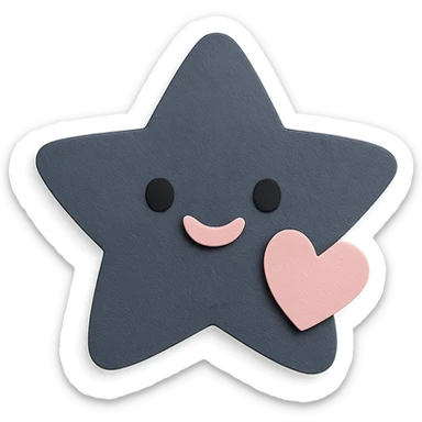 Happy pastel black star with a tiny pastel heart in front, no arms or legs, full body, transparent background, kawaii paper craft style. sticker