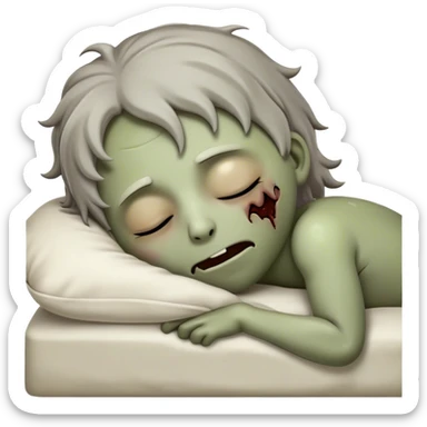 Meme-Worthy Cute Sleeping Zombie Portrait Emoji, with a delightfully quirky, slightly disheveled decaying face in soft ashen hues, head tilted back in peaceful, relaxed sleep with softly closed eyes and a tiny, endearing smile, simplified yet irresistibly charming, highly detailed with a soft eerie glowing outline that captures the gentle, unexpected cuteness of a zombie in serene repose! sticker