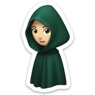 White female with dark hair wearing a dark green hooded cloak covering half of her face, like on the traitors tv show  sticker