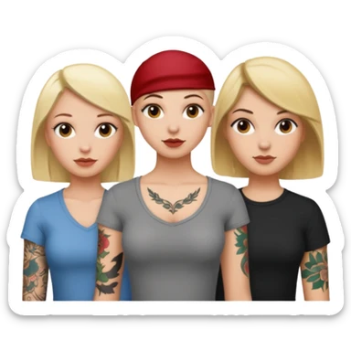throuple blonde femaleand brunette female with bald tattooed sticker