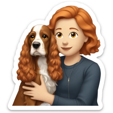 A gild with red hair cuddling an English Cocker Spaniel. sticker
