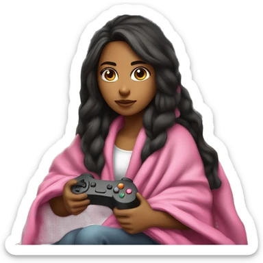 Olive skinned girl with long dark hair wrapped up in a blanket sitting on a couch with a pink gaming controller in her hands sticker
